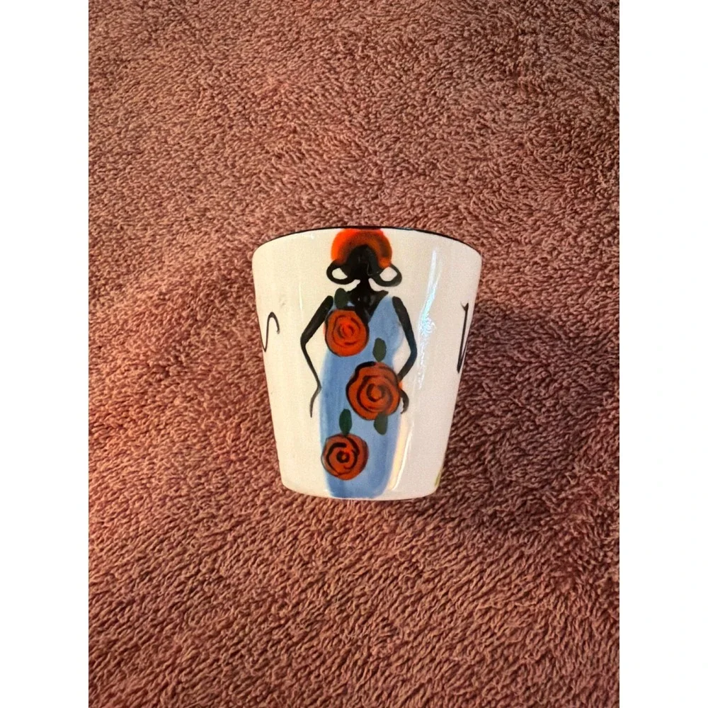 Hand Painted Ceramic Shot Glass Women Silhouette Folk‎ Art Barware 2.25in